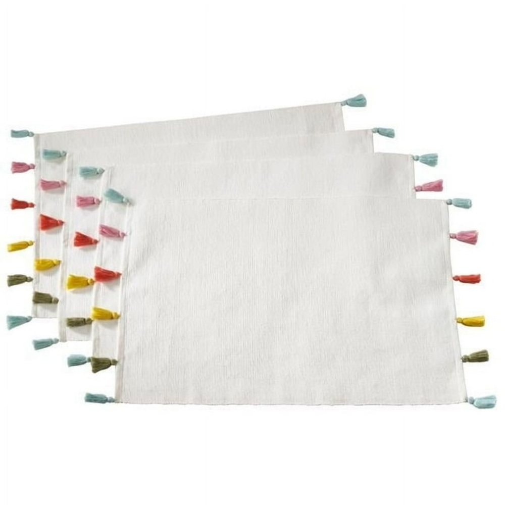SARO LIFESTYLE Cantina Collection Colorburst Tassel Placemat Set 4 14"x20" Ivory